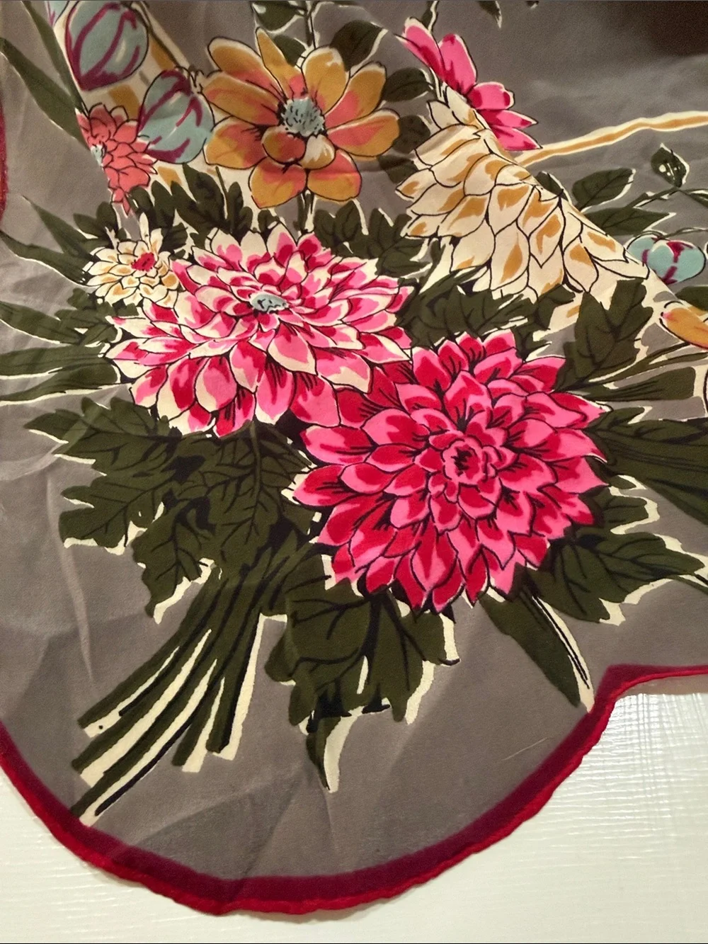 Floral Carol Stanley Grey Silk Scarf - Pink Dahlias Yellow Flowers 💐 🌺 vintage